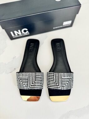 INC International Concepts Black Beaded Slide Sandals with Gold Accent